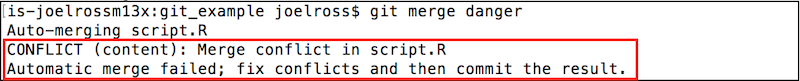 A merge conflict reported on the command-line