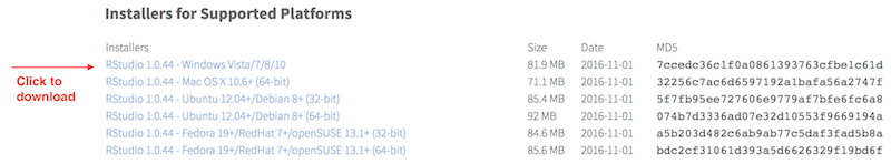 File to choose for downloading RStudio. Image may not show the latest version.